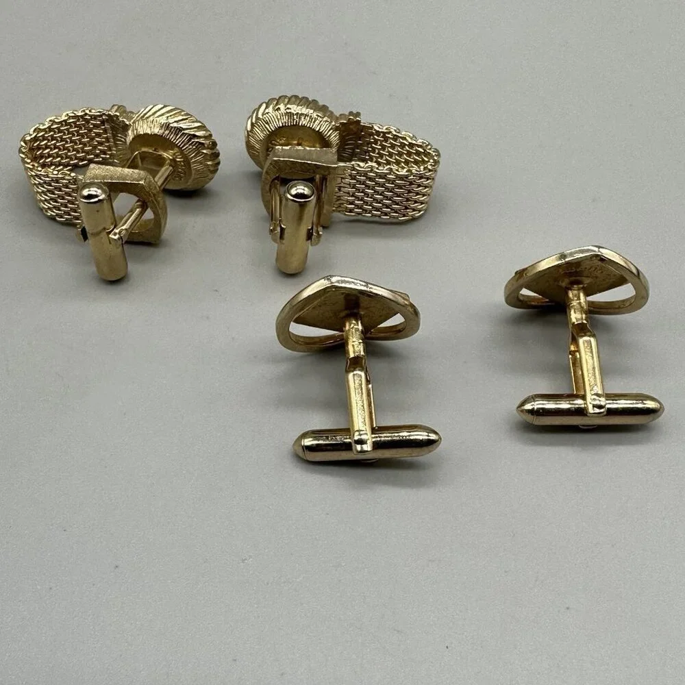 Vintage Swank Men Cufflinks Set of 2 Gold Tone Mesh Rhinestone Modern Square